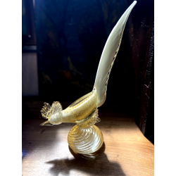 SCULTURA VETRO Murano SOMMERSO TRASPARENTE FOGLIA ORO FAGIANO GALLO PAVONE '50s