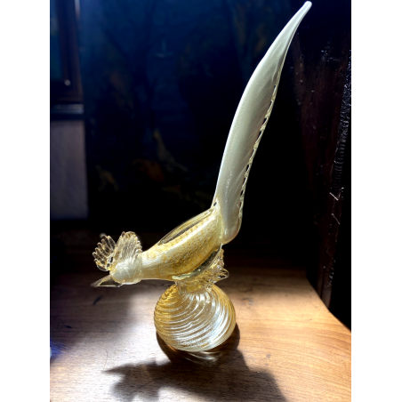 SCULTURA VETRO Murano SOMMERSO TRASPARENTE FOGLIA ORO FAGIANO GALLO PAVONE '50s