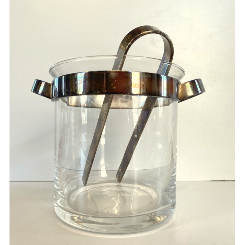 SECCHIELLO GHIACCIO VETRO GLACETTE VINTAGE ICE BUCKET PINZE METALLO ARGENTATO