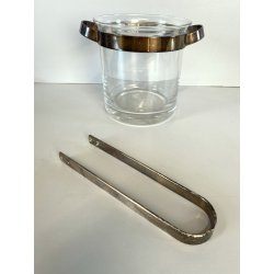 SECCHIELLO GHIACCIO VETRO GLACETTE VINTAGE ICE BUCKET PINZE METALLO ARGENTATO