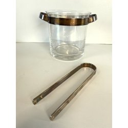 SECCHIELLO GHIACCIO VETRO GLACETTE VINTAGE ICE BUCKET PINZE METALLO ARGENTATO