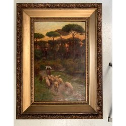 GRANDE QUADRO OLIO A. Della Gatta SCENA GENERE PASTORELLA GREGGE PECORE TRAMONTO