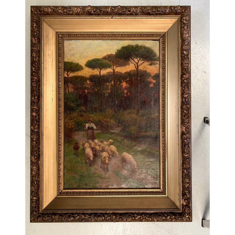 GRANDE QUADRO OLIO A. Della Gatta SCENA GENERE PASTORELLA GREGGE PECORE TRAMONTO
