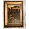 GRANDE QUADRO OLIO A. Della Gatta SCENA GENERE PASTORELLA GREGGE PECORE TRAMONTO