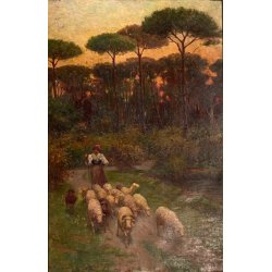 GRANDE QUADRO OLIO A. Della Gatta SCENA GENERE PASTORELLA GREGGE PECORE TRAMONTO