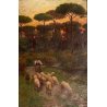 GRANDE QUADRO OLIO A. Della Gatta SCENA GENERE PASTORELLA GREGGE PECORE TRAMONTO
