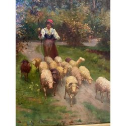 GRANDE QUADRO OLIO A. Della Gatta SCENA GENERE PASTORELLA GREGGE PECORE TRAMONTO