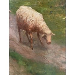 GRANDE QUADRO OLIO A. Della Gatta SCENA GENERE PASTORELLA GREGGE PECORE TRAMONTO
