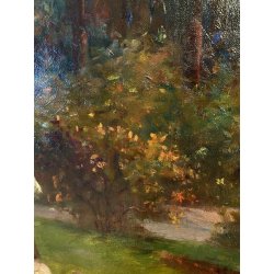 GRANDE QUADRO OLIO A. Della Gatta SCENA GENERE PASTORELLA GREGGE PECORE TRAMONTO