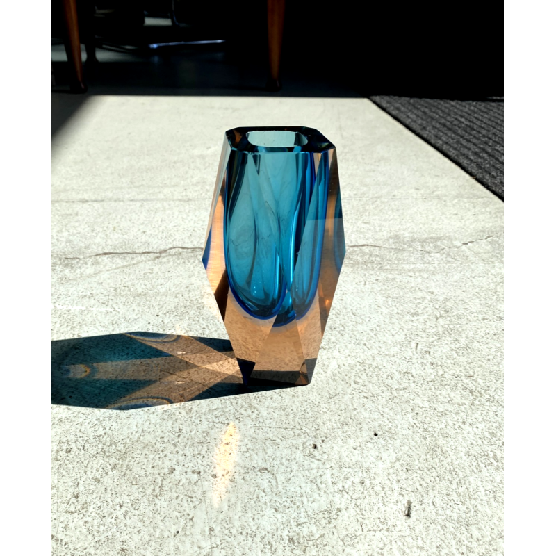 VASO VETRO Murano SOMMERSO Flavio Poli SFACCETTATO BLU ROSA PESCA VINTAGE '50