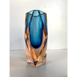VASO VETRO Murano SOMMERSO Flavio Poli SFACCETTATO BLU ROSA PESCA VINTAGE '50