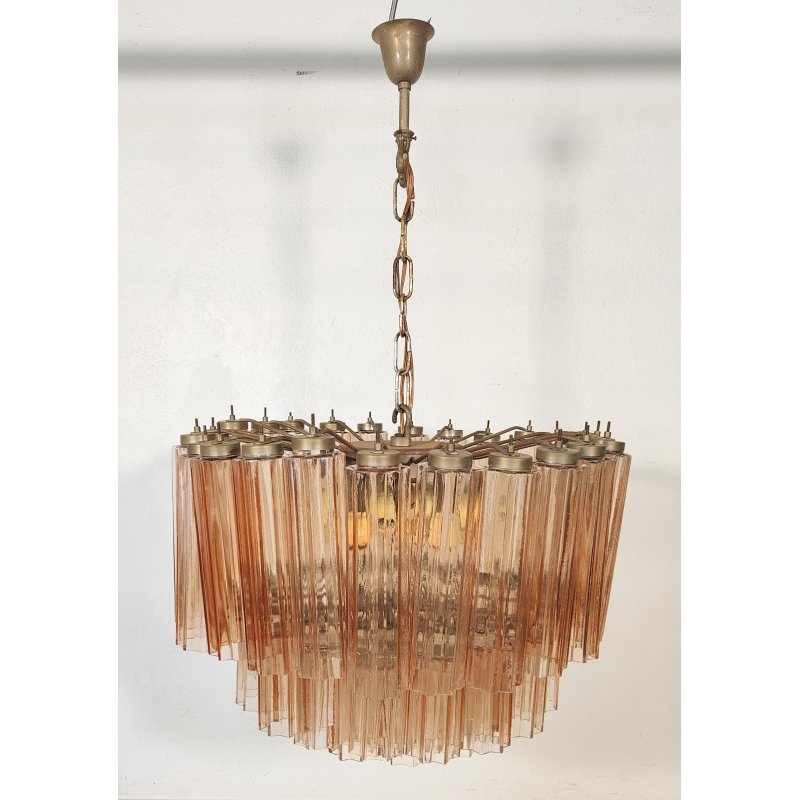 LAMPADARIO TRONCHI CANNE VETRO Murano Rosa Attr. VENINI anni 60 GLASS CHANDELIER