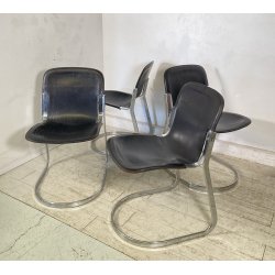 SET 4 SEDIA Willy Rizzo MOD. C2 IMPILABILE DESIGN ACCIAIO CROMATO CUOIO ANNI 70