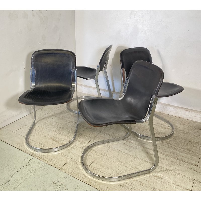 SET 4 SEDIA Willy Rizzo MOD. C2 IMPILABILE DESIGN ACCIAIO CROMATO CUOIO ANNI 70