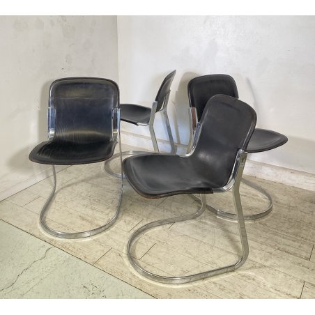 SET 4 SEDIA Willy Rizzo MOD. C2 IMPILABILE DESIGN ACCIAIO CROMATO CUOIO ANNI 70