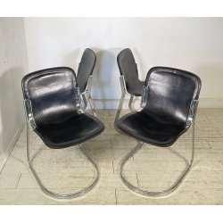 SET 4 SEDIA Willy Rizzo MOD. C2 IMPILABILE DESIGN ACCIAIO CROMATO CUOIO ANNI 70