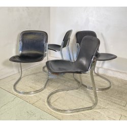 SET 4 SEDIA Willy Rizzo MOD. C2 IMPILABILE DESIGN ACCIAIO CROMATO CUOIO ANNI 70