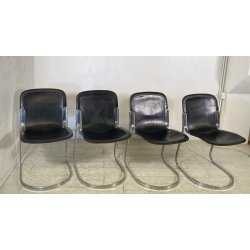 SET 4 SEDIA Willy Rizzo MOD. C2 IMPILABILE DESIGN ACCIAIO CROMATO CUOIO ANNI 70