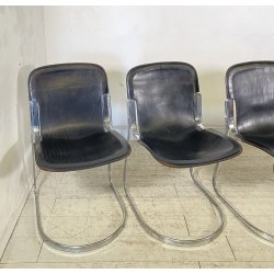 SET 4 SEDIA Willy Rizzo MOD. C2 IMPILABILE DESIGN ACCIAIO CROMATO CUOIO ANNI 70