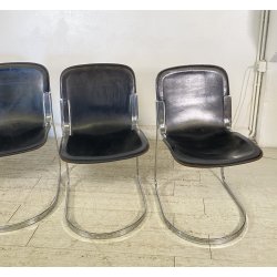 SET 4 SEDIA Willy Rizzo MOD. C2 IMPILABILE DESIGN ACCIAIO CROMATO CUOIO ANNI 70