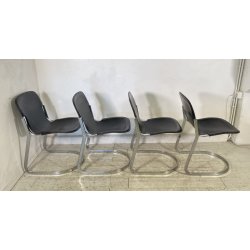 SET 4 SEDIA Willy Rizzo MOD. C2 IMPILABILE DESIGN ACCIAIO CROMATO CUOIO ANNI 70