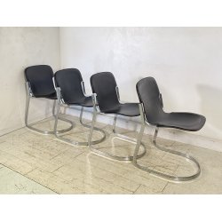 SET 4 SEDIA Willy Rizzo MOD. C2 IMPILABILE DESIGN ACCIAIO CROMATO CUOIO ANNI 70