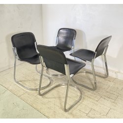 SET 4 SEDIA Willy Rizzo MOD. C2 IMPILABILE DESIGN ACCIAIO CROMATO CUOIO ANNI 70