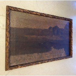 GRANDE DIPINTO OLIO VEDUTA CREPUSCOLARE ARCHITETTURE MARINA PAESAGGIO XIX sec