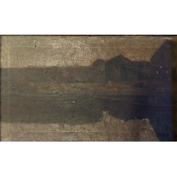 GRANDE DIPINTO OLIO VEDUTA CREPUSCOLARE ARCHITETTURE MARINA PAESAGGIO XIX sec