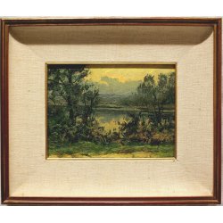 QUADRO DIPINTO OLIO TAVOLA Artino Giroldi PAESAGGIO BRUGHIERA CREPUSCOLO '900