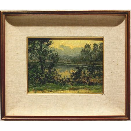 QUADRO DIPINTO OLIO TAVOLA Artino Giroldi PAESAGGIO BRUGHIERA CREPUSCOLO '900