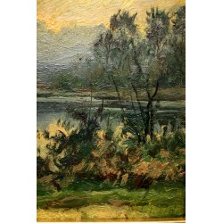 QUADRO DIPINTO OLIO TAVOLA Artino Giroldi PAESAGGIO BRUGHIERA CREPUSCOLO '900