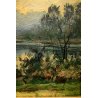 QUADRO DIPINTO OLIO TAVOLA Artino Giroldi PAESAGGIO BRUGHIERA CREPUSCOLO '900