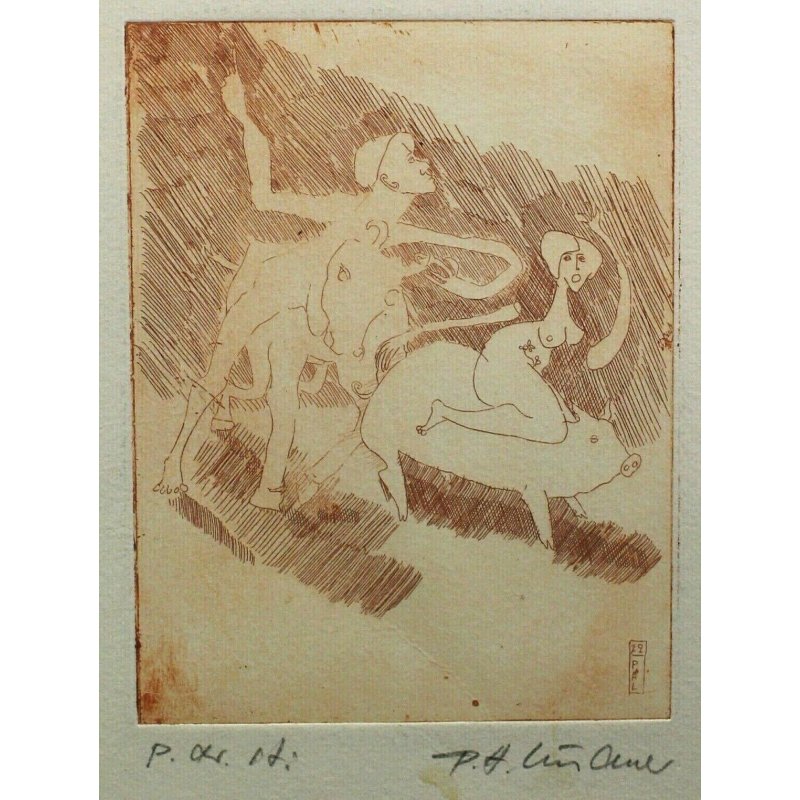 QUADRO ANTICA LITOGRAFIA DISEGNO CHINA Pal 72 NUDO UOMO DONNA MAIALE TORO 