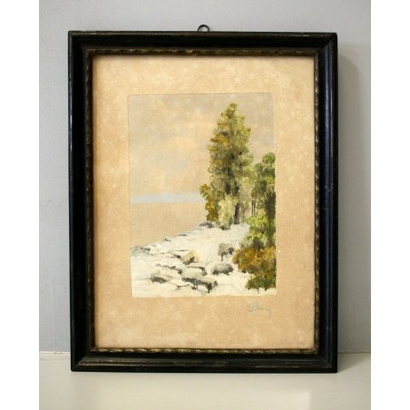 ANTICO QUADRO LITOGRAFIA DISEGNO A. Pollini 1930 ACQUERELLO PAESAGGIO BOSCO NEVE