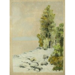 ANTICO QUADRO LITOGRAFIA DISEGNO A. Pollini 1930 ACQUERELLO PAESAGGIO BOSCO NEVE