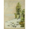 ANTICO QUADRO LITOGRAFIA DISEGNO A. Pollini 1930 ACQUERELLO PAESAGGIO BOSCO NEVE