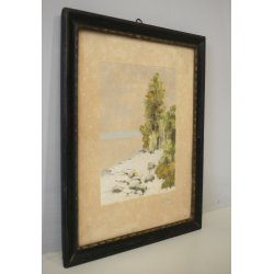 ANTICO QUADRO LITOGRAFIA DISEGNO A. Pollini 1930 ACQUERELLO PAESAGGIO BOSCO NEVE