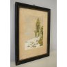 ANTICO QUADRO LITOGRAFIA DISEGNO A. Pollini 1930 ACQUERELLO PAESAGGIO BOSCO NEVE
