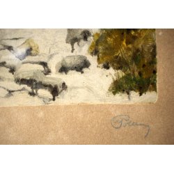 ANTICO QUADRO LITOGRAFIA DISEGNO A. Pollini 1930 ACQUERELLO PAESAGGIO BOSCO NEVE