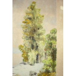 ANTICO QUADRO LITOGRAFIA DISEGNO A. Pollini 1930 ACQUERELLO PAESAGGIO BOSCO NEVE