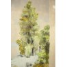 ANTICO QUADRO LITOGRAFIA DISEGNO A. Pollini 1930 ACQUERELLO PAESAGGIO BOSCO NEVE