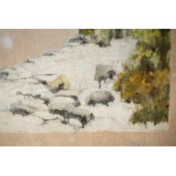 ANTICO QUADRO LITOGRAFIA DISEGNO A. Pollini 1930 ACQUERELLO PAESAGGIO BOSCO NEVE