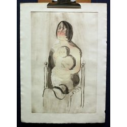 SERIGRAFIA ACQUERELLATA LITOGRAFIA ARTE DISEGNO EPOCA MADRE BIMBO MATERNITA