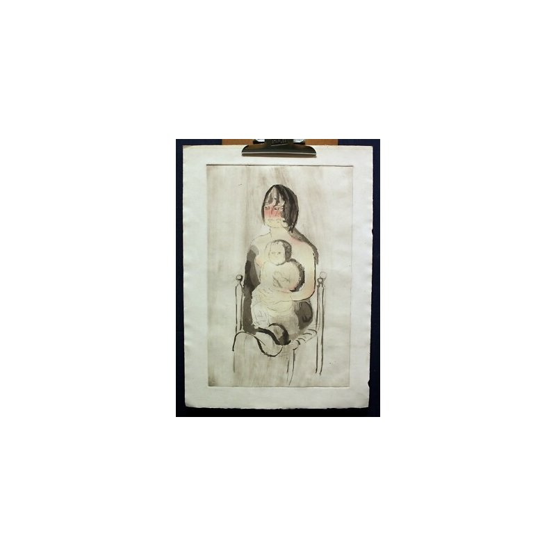 SERIGRAFIA ACQUERELLATA LITOGRAFIA ARTE DISEGNO EPOCA MADRE BIMBO MATERNITA
