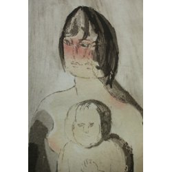 SERIGRAFIA ACQUERELLATA LITOGRAFIA ARTE DISEGNO EPOCA MADRE BIMBO MATERNITA