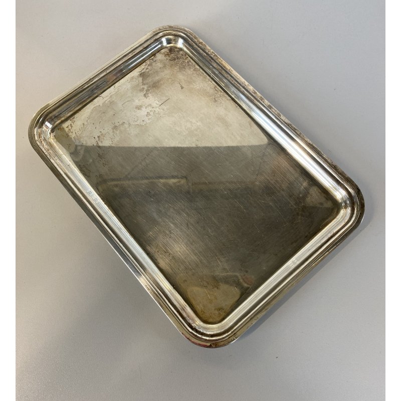 PICCOLO VASSOIO RETTANGOLARE VINTAGE METALLO ARGENTATO BORDI MODANATI 30x21 cm
