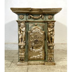 ANTICO TABERNACOLO LIGNEO SCOLPITO LACCATO VERDE CHERUBINI DORATI BAROCCO XVII