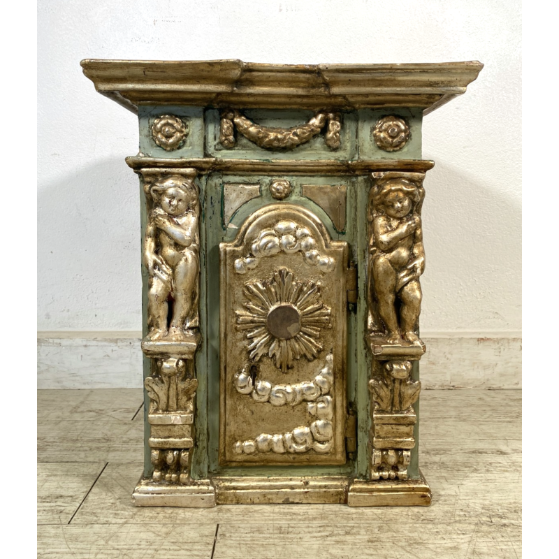 ANTICO TABERNACOLO LIGNEO SCOLPITO LACCATO VERDE CHERUBINI DORATI BAROCCO XVII