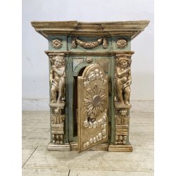 ANTICO TABERNACOLO LIGNEO SCOLPITO LACCATO VERDE CHERUBINI DORATI BAROCCO XVII